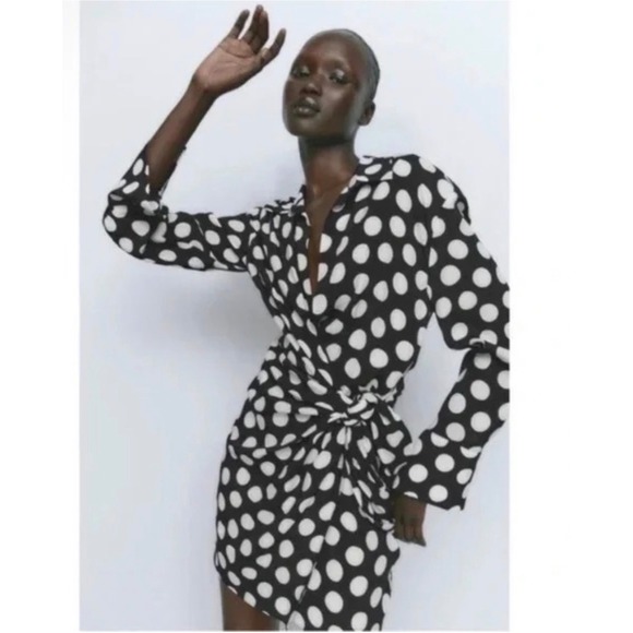Zara Dresses & Skirts - NEW Zara Polka Dot Wrap Long Sleeve Mini Dress Women M Black White Preppy